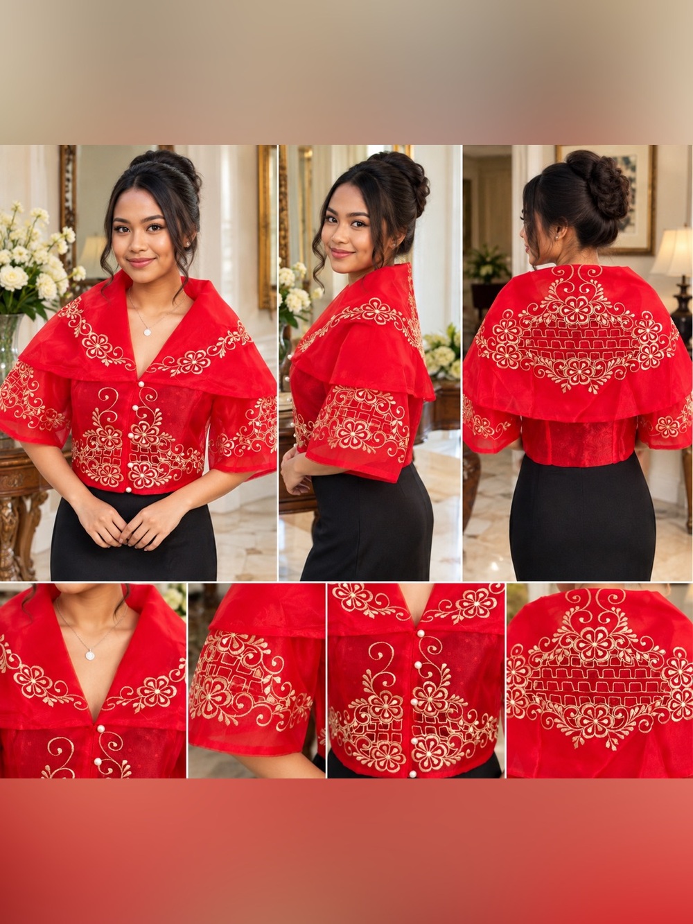 Red Maria Clara Filipiniana Balona Blouse | Gold Embroidered